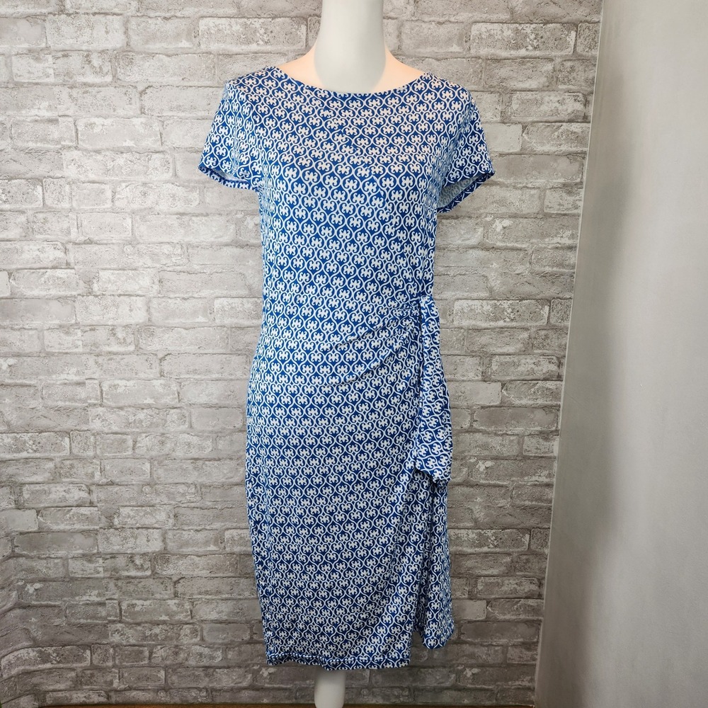 Talbots Midi Dress Faux Wrap Blue White Geometric Medallion Jersey Coastal Small
